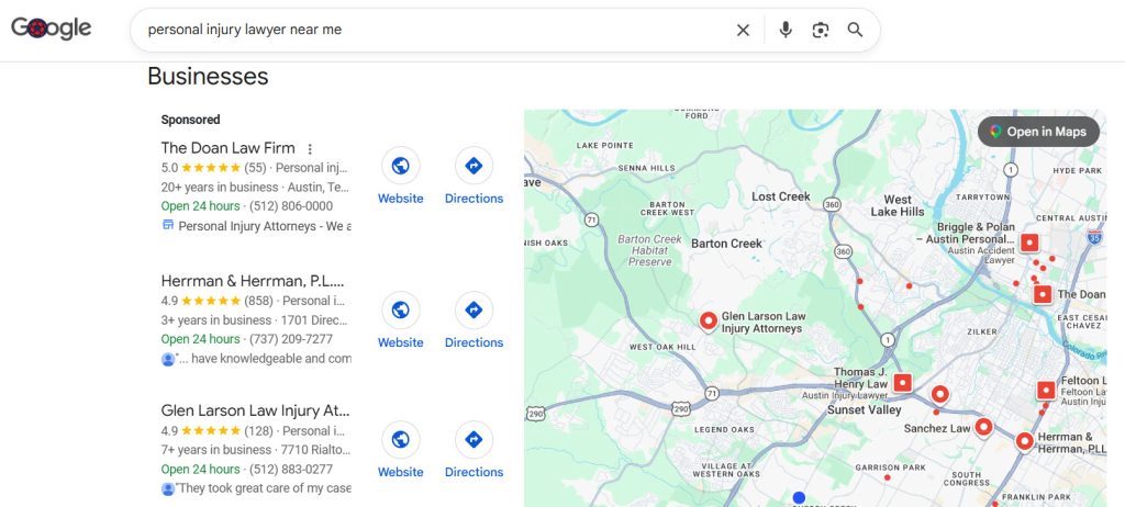 Google Business Profile results showing personal injury law firms in a local area