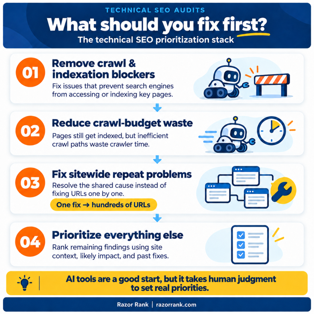 Infographic showing prioritization of common technical SEO issues found in an audit
